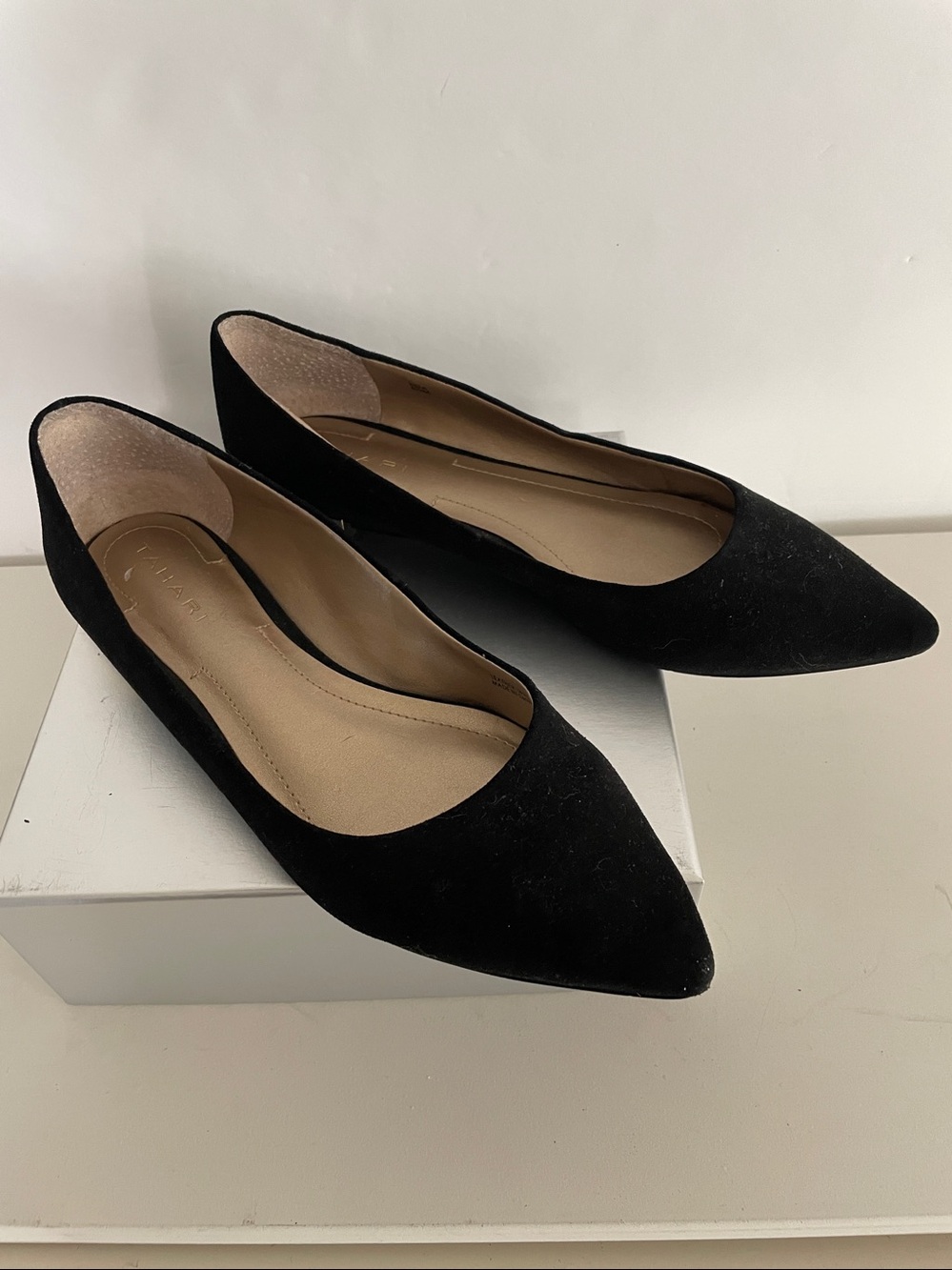 Black Suede Flats Genuine Leather Gold Accents Ballet Slip on Point Toe - Picture 2 of 9